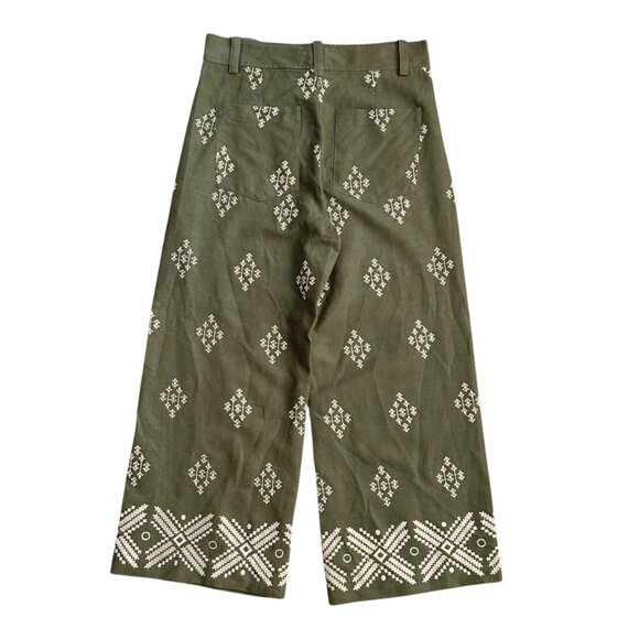 Zara Women's Size M Embroidered Viscose Linen Blend Wide Leg Cropped Green Pants - Picture 2 of 7